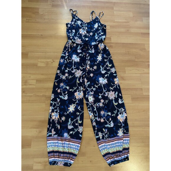 Anthropologie Blue S  Floral‎ Luka Size Jogger Jumpsuit Tassel Drawstring Waist - Picture 6 of 14